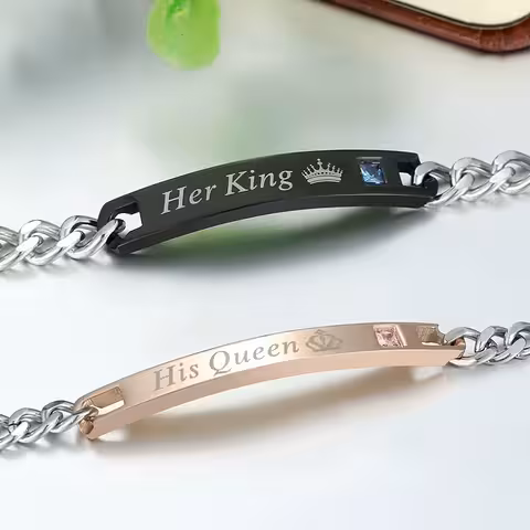 Set de 2 bracelets pour couple Her King & His Queen – Acier inoxydable gravable pour amoureux, Lui et Elle