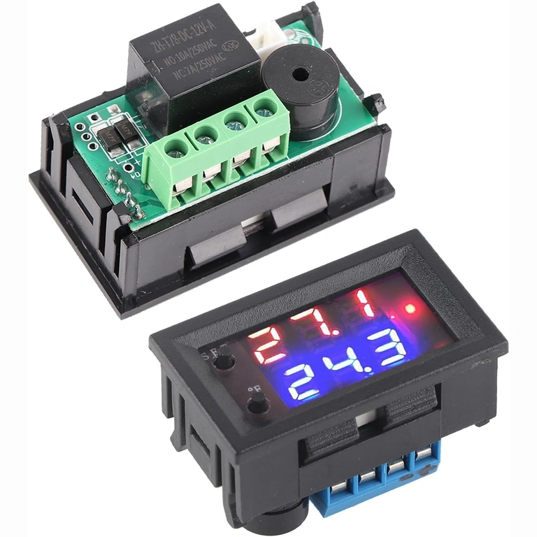 Θερμοστάτης – μπροστινή και πίσω όψη Μπροστινή και πίσω όψη θερμοστάτη με οθόνη και ακροδέκτες