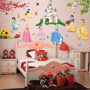 Sticker mural enfants avec princesses Disney au château – Stickers colorés faciles à appliquer