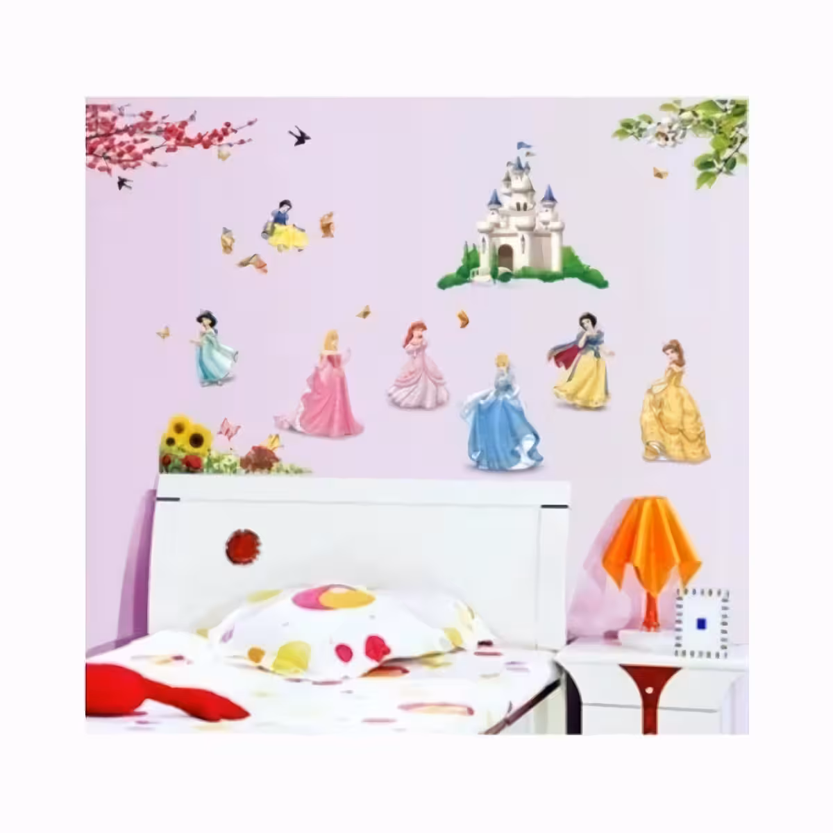 Διακόσμηση τοίχου με χαρακτήρες Disney και πολύχρωμα λουλούδια