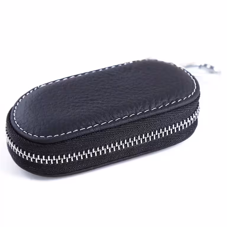 Portefeuille en cuir pour clés de voiture – Porte-clés élégant avec fermeture éclair et mousqueton