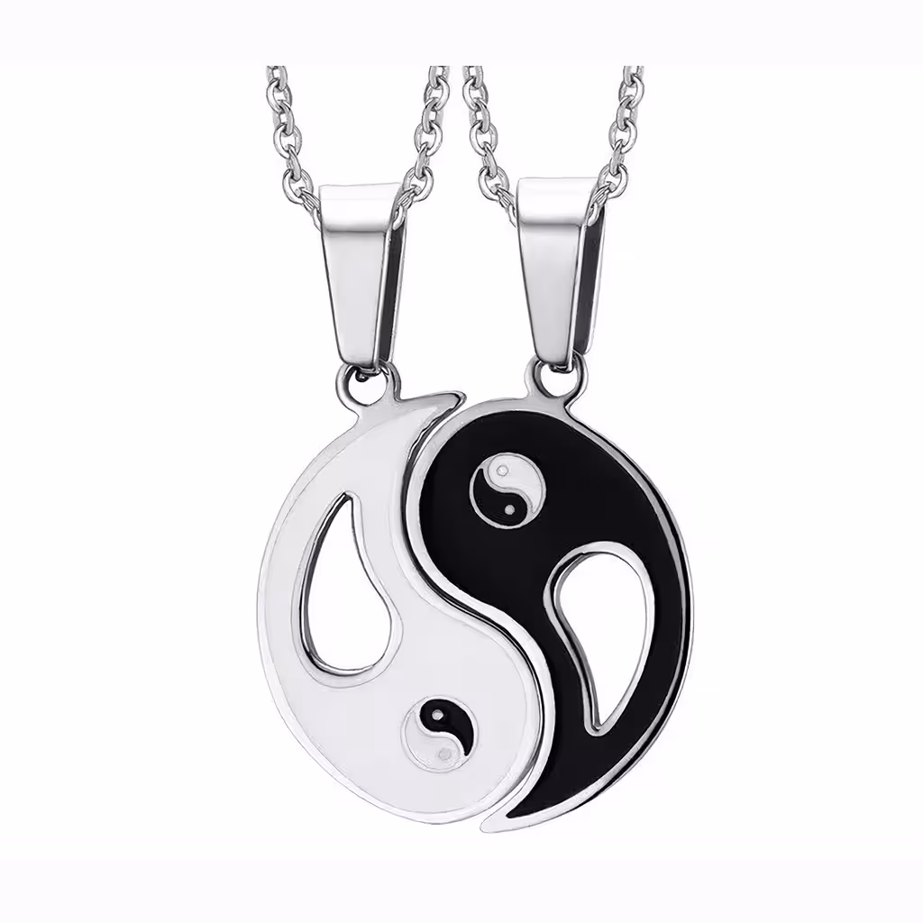 Chaîne et pendentif Yin et Yang pour couple – Set médaillon deux moitiés, symbole équilibre et amour