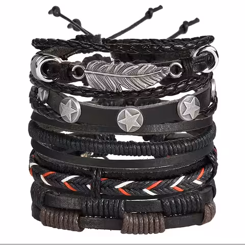 Set 5 bracelets hommes cuir naturel – Handmade, ajustables, élégants, nouveaux modèles luxury