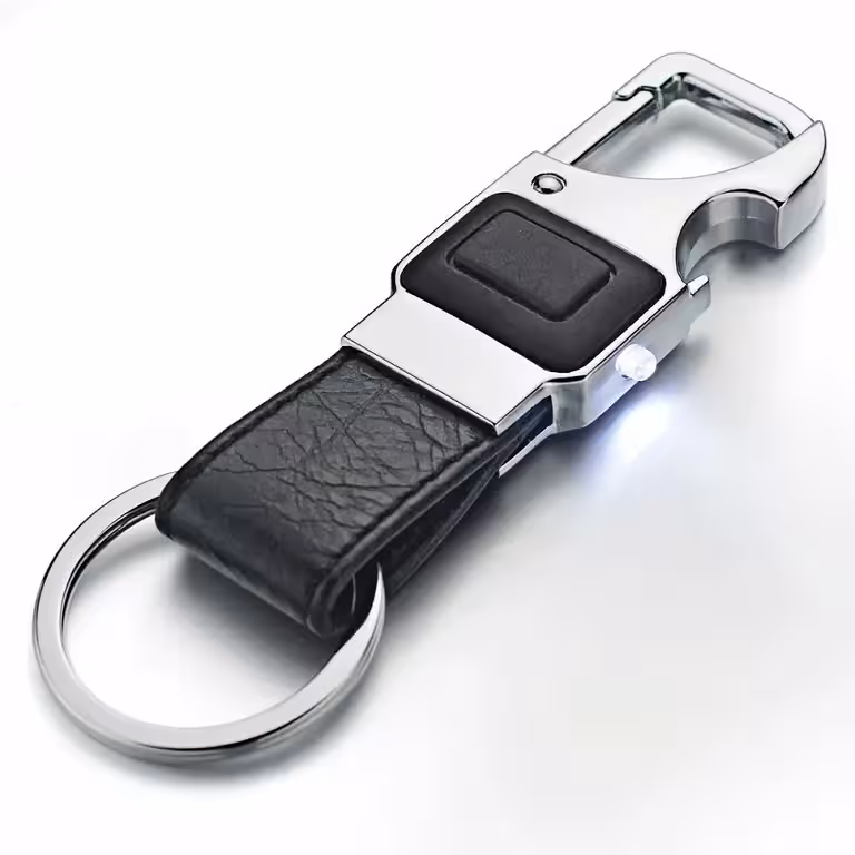 Porte-clés de luxe en cuir avec LED et ouvre-bouteille – cadeau élégant pour hommes