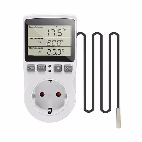 Prise avec thermostat programmable et capteur de température pour radiateur électrique et chauffages digitaux, avec fonction minuterie