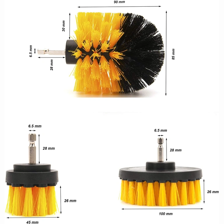 Διαστάσεις περιστροφικών βουρτσών για δράπανο Εικόνα με τις 3 βούρτσες και τις διαστάσεις τους: 12cm, 8,5cm, 5cm