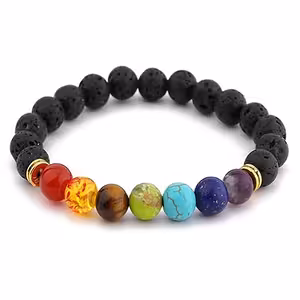 Bracelet roche volcanique naturelle avec 7 chakras – Agate, Améthyste, Ambre, Lapis Lazuli, Œil de tigre