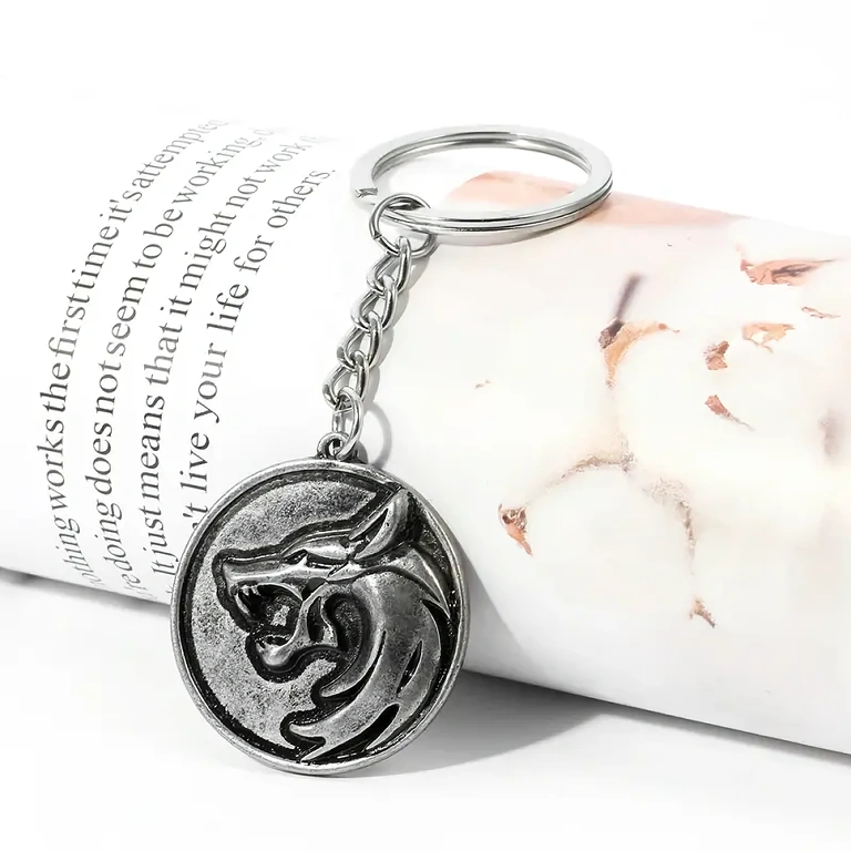 Αλυσίδα και μπρελόκ από μέταλλο, με κεφάλι λύκου The Witcher, αντικέ εμφάνιση