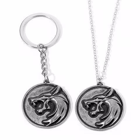 Set chaîne et porte-clés The Witcher – Médaillon tête de loup argenté vieilli, cadeau pour fan de The Witcher