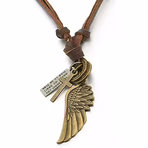 Chaîne en cuir avec pendentif aile d’ange et petite croix pour homme – longueur réglable 40-80 cm