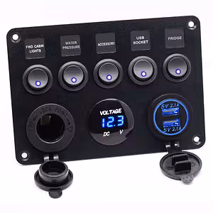 Panneau interrupteur auto 5 boutons ON/OFF avec voltmètre, prise et chargeur USB – 12V/24V, résistant IP65