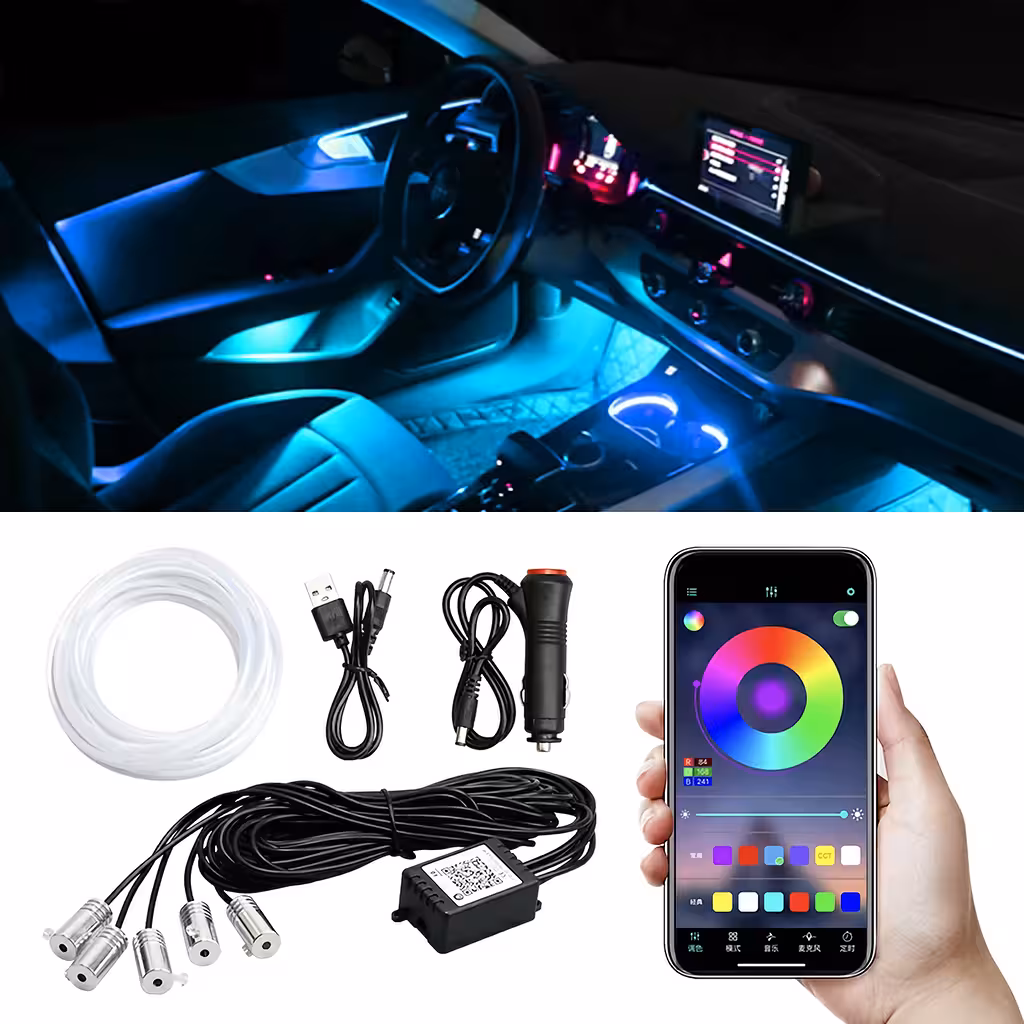 Fil NEON flexible RGB 6 mètres pour éclairage ambiant auto avec contrôle via application téléphone