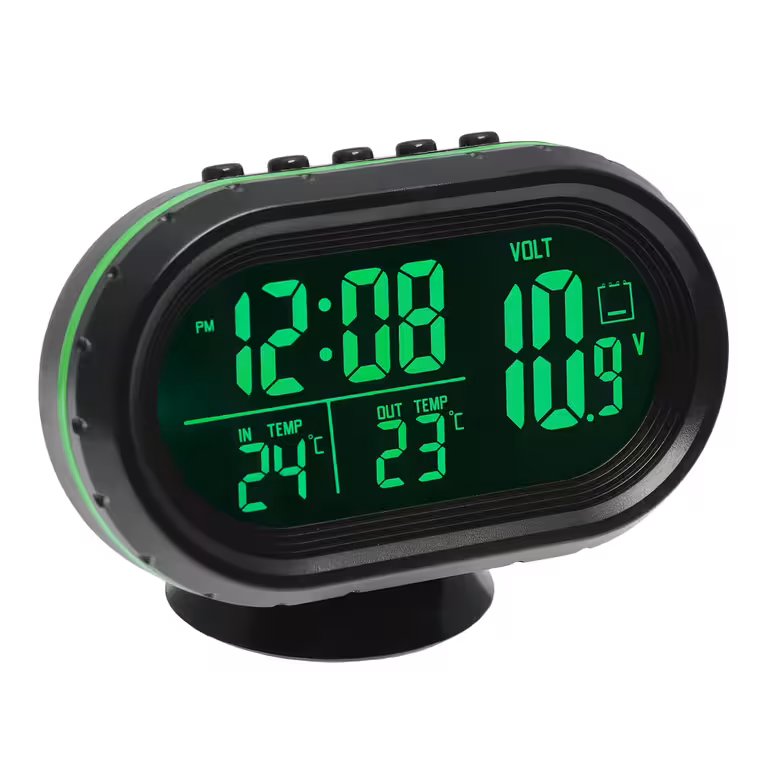 Horloge auto avec voltmètre et thermomètre digital – intérieur/extérieur, avec sonde, 12V/24V