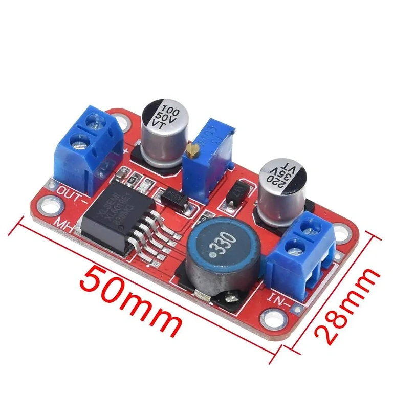 Διαστάσεις της μονάδας XL6019 DC-DC Boost Converter: 50mm x 28mm x 13mm, ιδανική για ενσωμάτωση σε διάφορα έργα