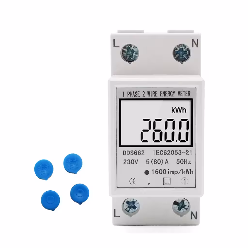 Compteur électrique monophasé passant avec affichage numérique pour suivi de consommation d’énergie, montage sur rail DIN
