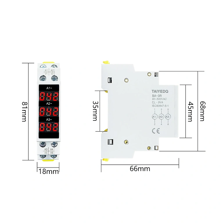 Dimensions 81×18×66 mm de l’ampèremètre triphasé, idéal pour montage sur rail DIN