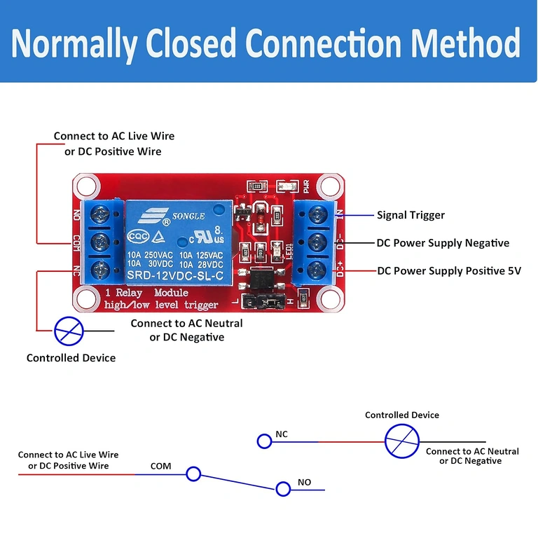 Schéma module relais pour connexion NC (Normal Fermé) sur charges AC et DC