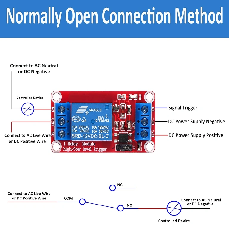 Schéma module relais pour connexion NO (Normal Ouvert) sur charges AC et DC