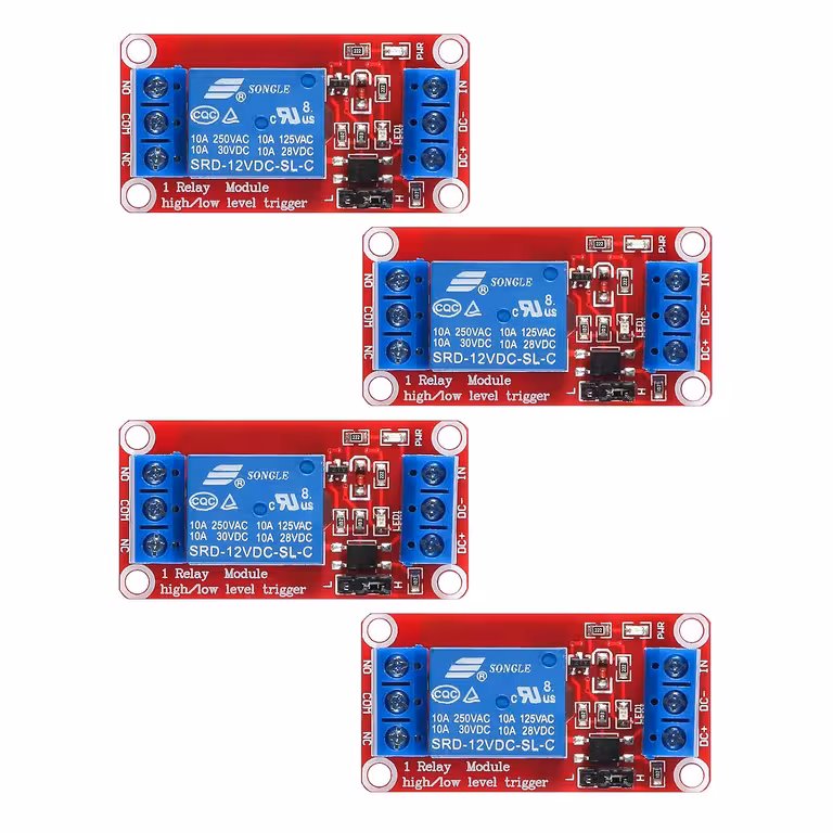 Set de 4 pièces : relais de commande 5V / 12V avec optocoupleur – module 1 canal, NC/NO, déclenchement High/Low, 10A