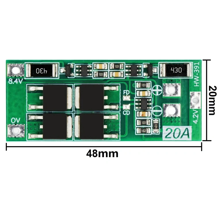 Image dimensions exactes module BMS 2S 20A 7,4V, pour vérification compatibilité projets
