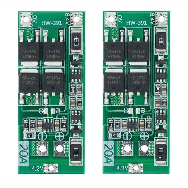 Gros plan ensemble de 2 modules BMS 2S 20A avec équilibrage, montrant circuits et pistes