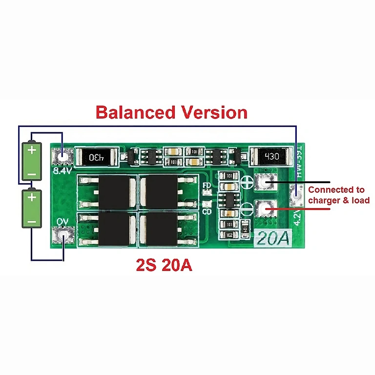 Schéma détaillé connexion module BMS 2S 20A 7,4V avec équilibrage, montrant liaisons batteries et sorties