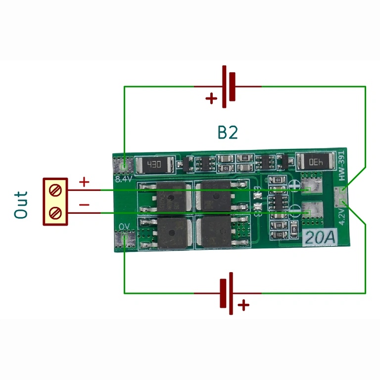 Diagramme électrique module BMS 2S 20A avec équilibrage, utile pour installation correcte dans packs Li-ion