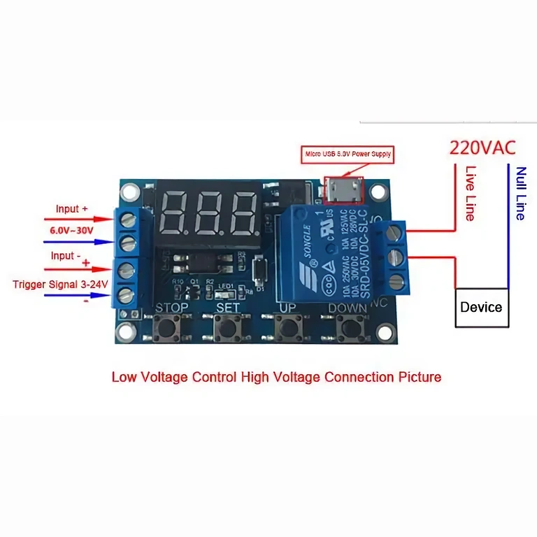 Instructions visuelles connexions module relais 6–30V avec timer ajustable