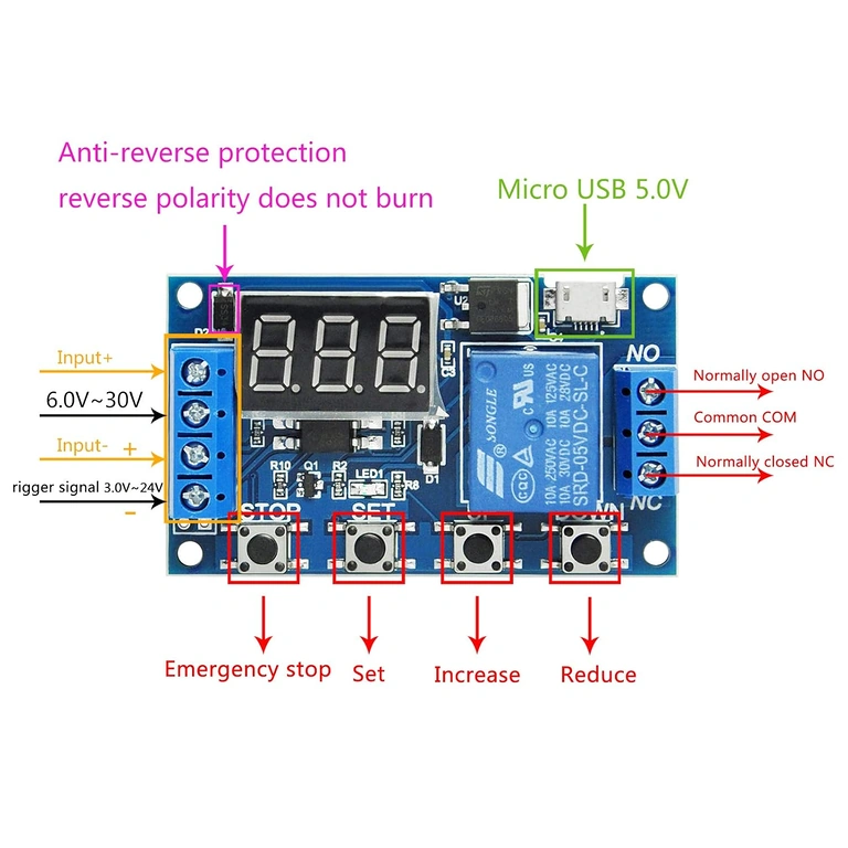 Schéma complet et détaillé module relais avec retard et temps réglable 6–30V