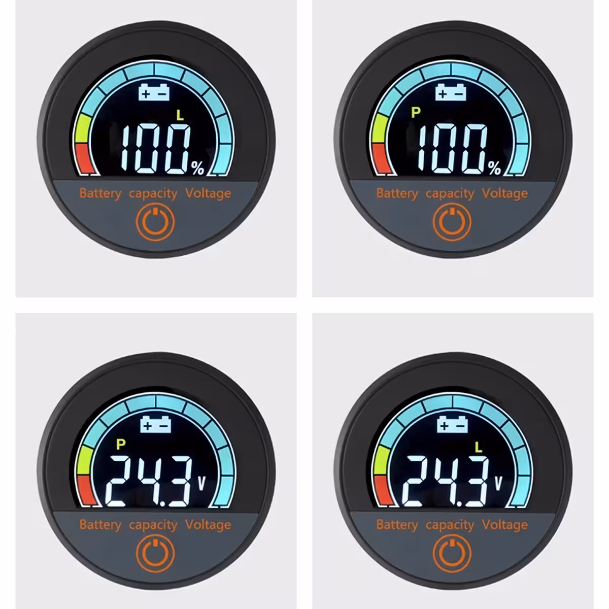 Gros plan écran LCD couleur de l’indicateur digital, affichage tension et pourcentage batterie, Li-ion et LiFePO4 12V–72V