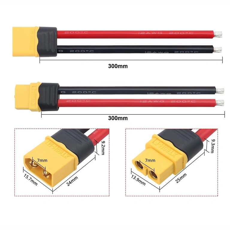 Schéma dimensions connecteur XT60 femelle et mâle
