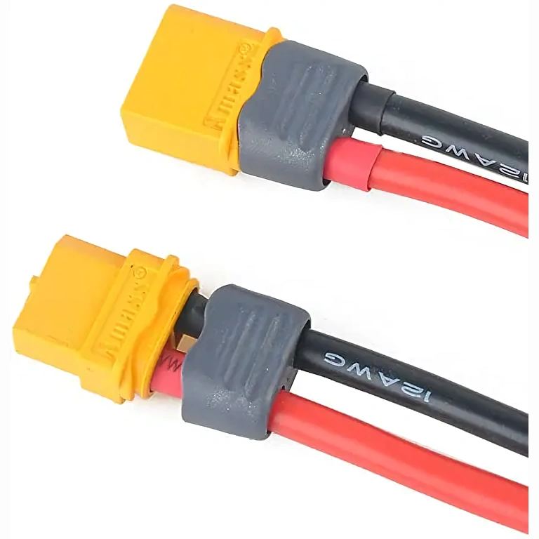 Paire connecteurs XT60 femelle et mâle avec câble épais 12AWG, vue de face détaillée