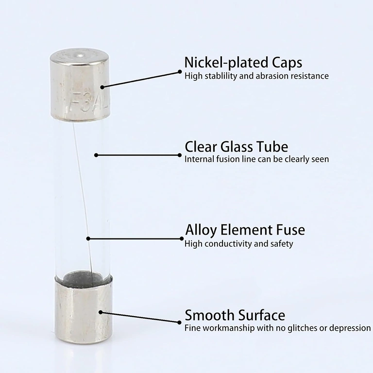 Détail des extrémités métalliques du fusible 10A 5x20mm